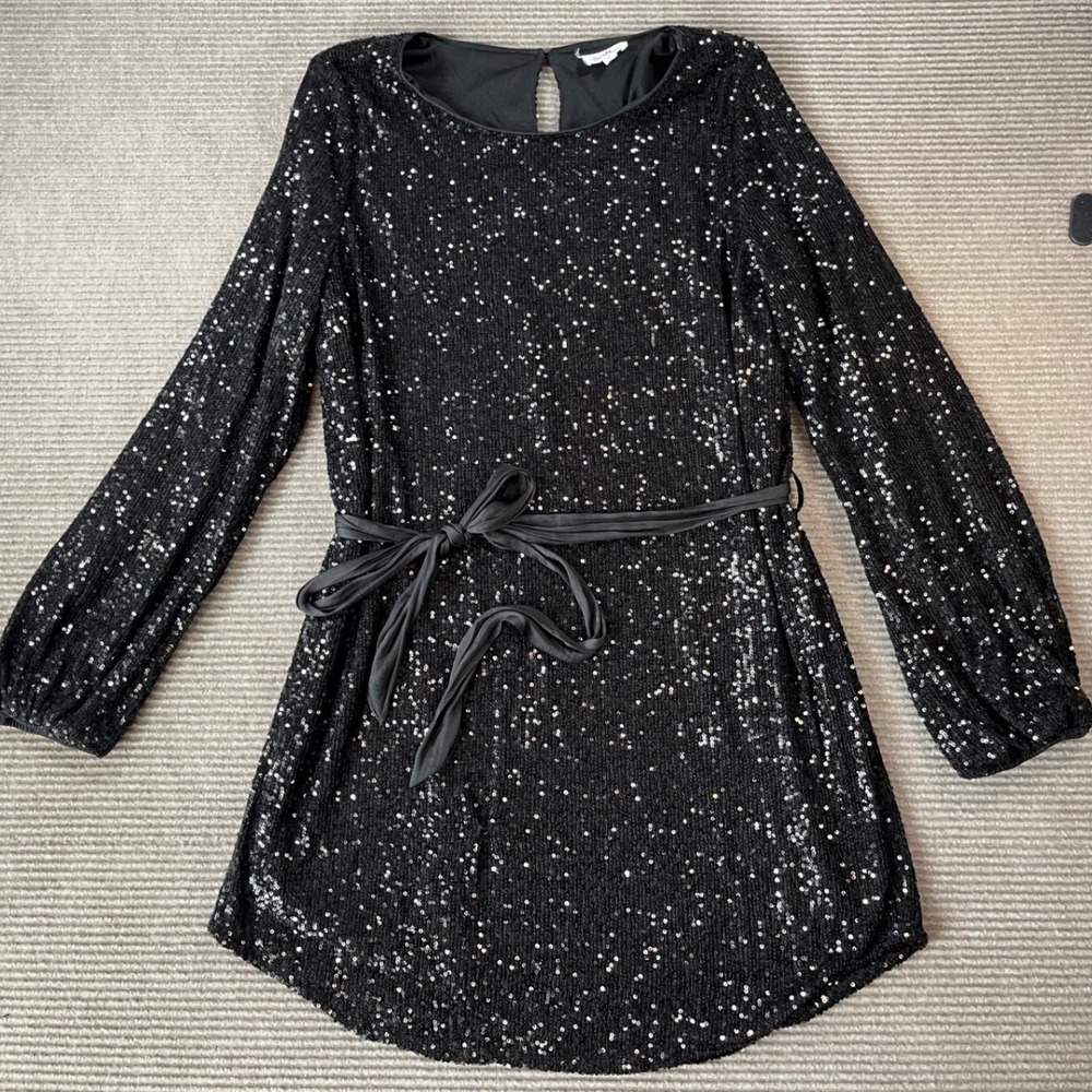 GeeGee Womens Black Sequin Long Sleeve Mini Dress with Tie Belt Size L Cocktail